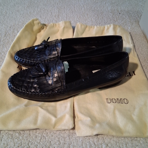 New Bruno Magli Men\'s Black Brant Leather Woven Loafers Made In Italy